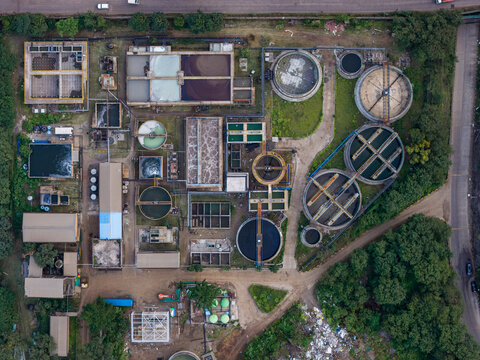 Aerial view of the Remondis ETP Plant featuring circular sedimentation tanks, water treatment infrastructure, and surrounding greenery in Chakan, Maharashtra, India.