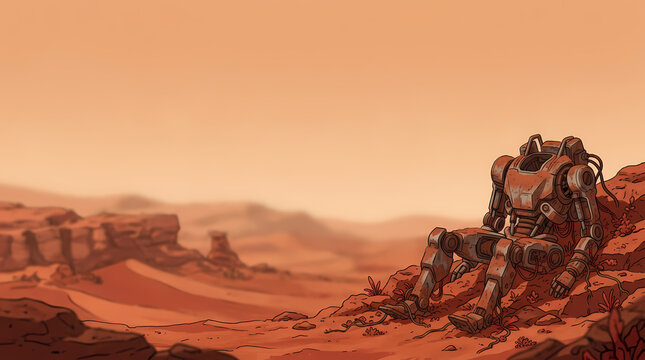 An abandoned futuristic robot sitting alone in a desolate red desert landscape of a distant alien planet