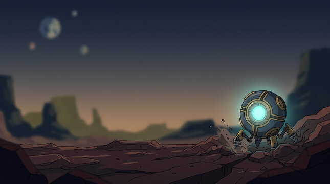 Futuristic spherical robot exploring a desolate alien planet landscape under a starry night sky with distant moons