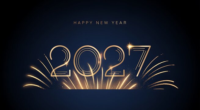 Celebratory new year 2023 display with fireworks and sparkling metallic numbers