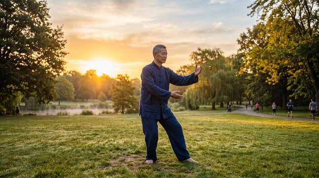 Elderly Asian man practicing Tai Chi in a park at sunrise with a serene lake and trees in the background