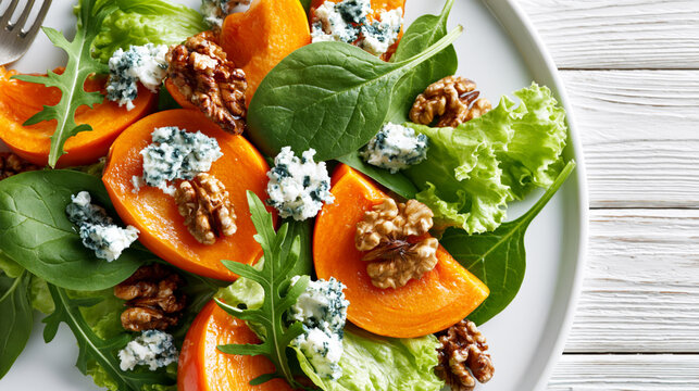 Persimmon salad with blue cheese, walnuts and mixed greens on a white plate for autumn