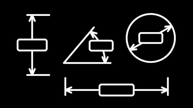 Dimension line set for height, width, angle and diameter on black