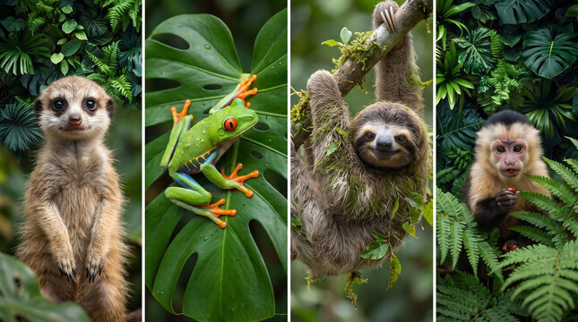 Collage of exotic tropical rainforest wildlife featuring cute meerkat red eyed tree frog on monstera leaf sloth on branch and capuchin monkey