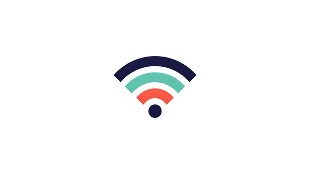 Minimalist of a wi-fi signal symbol with dark blue, teal, and orange curved bars and a small circle on a clean white background