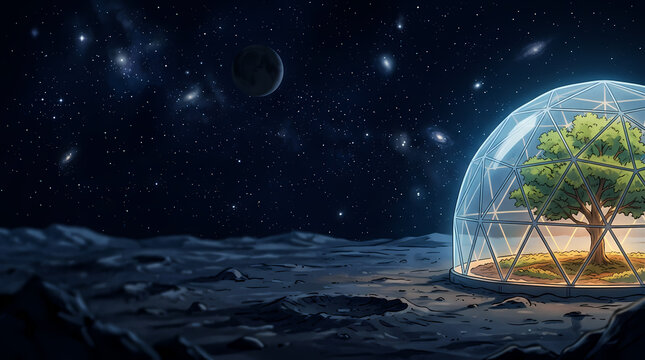 A lone green tree thrives inside a transparent biodome on a desolate moon under a starry cosmic sky, symbolizing ecological hope and humanity's future in space