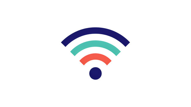 Minimalist of a wi-fi signal symbol with dark blue, teal, and orange curved bars and a small circle on a clean white background