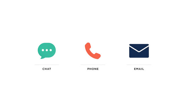 Set of three communication including a teal chat bubble, an orange phone handset, and a dark blue envelope with text on white background