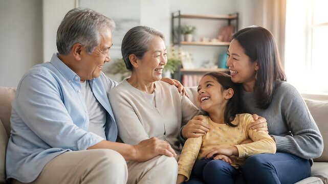Happy senior couple spending quality time with adult daughter and young granddaughter at home for International Day of Older Persons