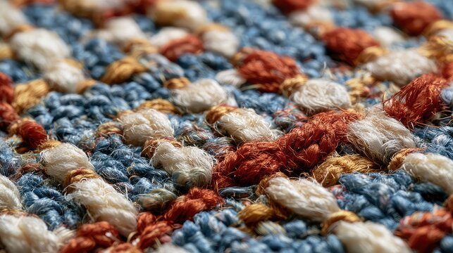 a close up view of a multicolored textile item that appears to be a rug or fabric with a pattern of interlocking colors
