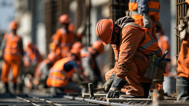 Construction worker kneeling on building site fastening rebar with hammer while team works in background
