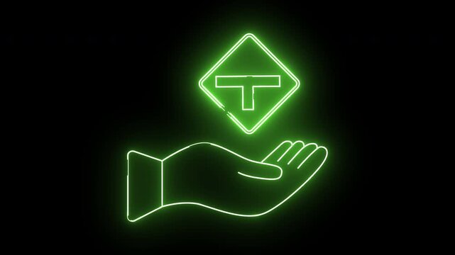 Green Neon Hand Holding a T-Junction Symbol in Darkness.