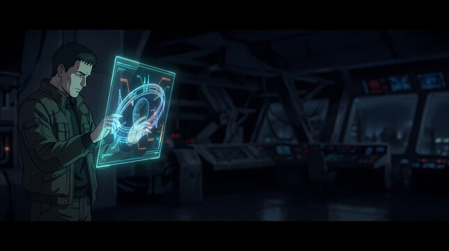 Futuristic man operating a glowing blue holographic interface in a spaceship cockpit command center digital concept illustration