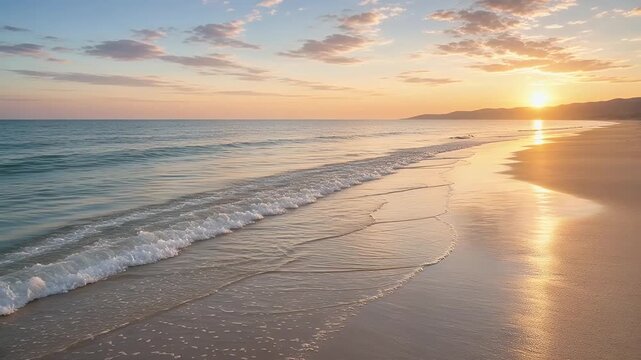 Crystal clear ocean waves gently rolling onto an empty sandy beach during soft golden morning light, ai generated.