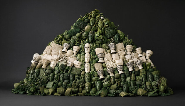 Pyramid sculpture made of green and white carved masks and ceremonial objects on dark background