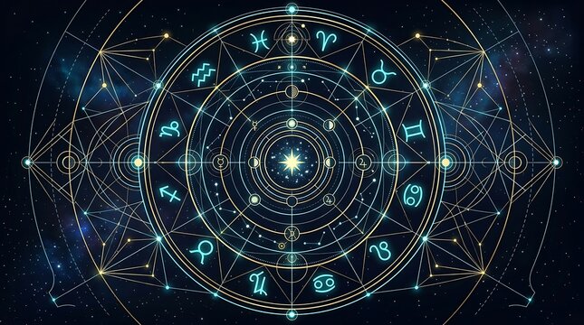 Astrological zodiac wheel featuring twelve constellation signs arranged in a circular cosmic alignment surrounded by glowing stars and celestial geometry patterns representing fate and spiritual