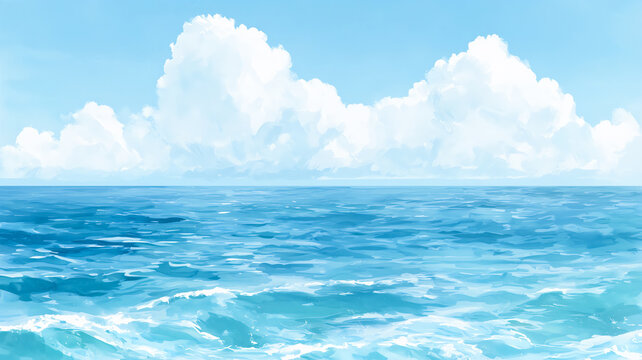 青い海と大きな入道雲が広がる夏空の水彩イラスト