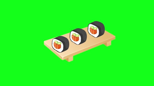 Flat vector animated cute smiling onigiri rice ball characters gathered around a small bowl of dipping sauce against a green screen background