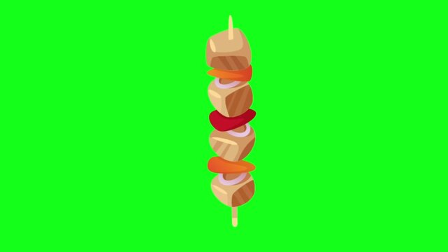Flat vector animated Japanese food skewer or yakitori featuring pieces of meat, onion, and bell pepper against a green screen background