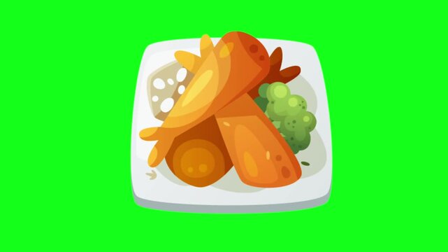 Flat vector animated plate of Japanese tempura featuring shrimp, lotus root, and broccoli against a green screen background