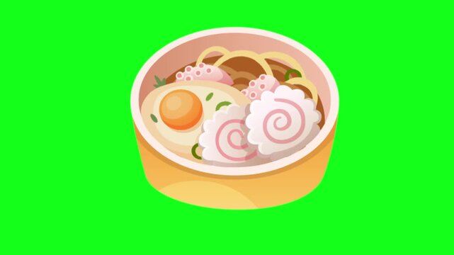 Flat vector isometric animated bowl of ramen noodles featuring a cooked egg and narutomaki fish cake against a green screen background