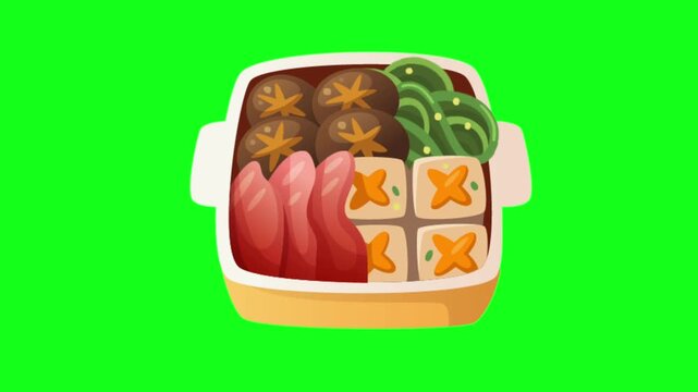 Flat vector animated plate of Japanese tempura featuring shrimp, lotus root, and broccoli against a green screen background