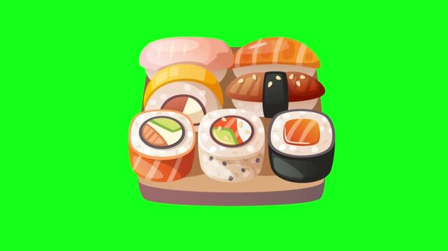 vector animated wooden serving tray piled with an assortment of fresh sushi rolls and nigiri against a green screen background