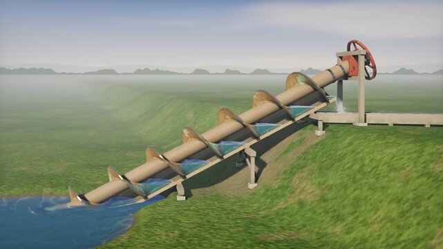 Archimedes Screw Pump Lifting Water Cutaway Seamless Loop