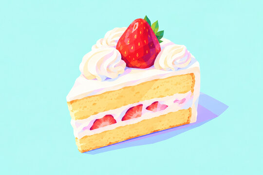Strawberry shortcake slice with whipped cream on mint background