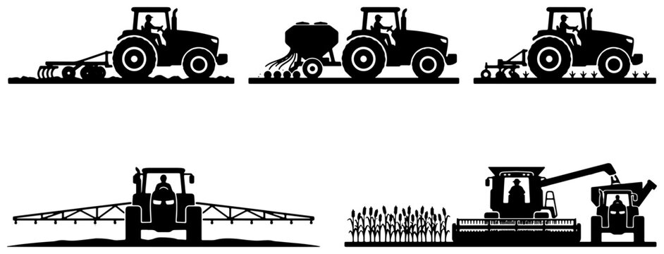 Farm tractor silhouettes set with plow, seeder, sprayer, and combine harvester for agriculture and industry logos
