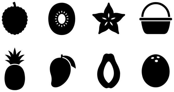 Tropical fruit silhouettes set with pineapple, mango, coconut, kiwi, papaya and starfruit for food logos