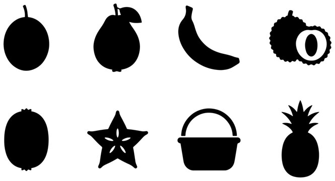 Tropical fruits silhouettes set with passion fruit, guava, banana, lychee, kiwi, starfruit, basket and pineapple for healthy eating