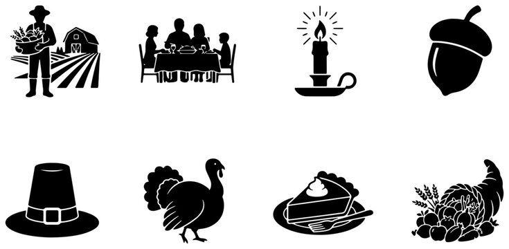 Thanksgiving silhouettes set with farmer, family dinner, candle, acorn, pilgrim hat, turkey and cornucopia for holiday design