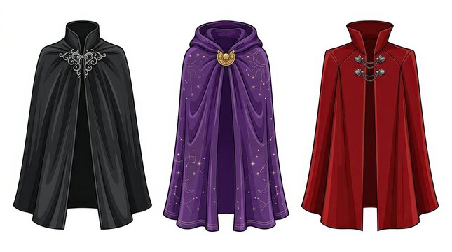 Set of Three Fantasy Cloaks and Capes for RPG Characters, Medieval Magic Garments in Black, Purple, and Red