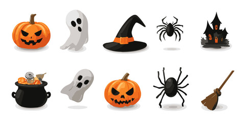 Fototapeta premium Set of cute 3d Halloween icons featuring pumpkins ghosts witches hats spiders haunted house cauldron and a broomstick