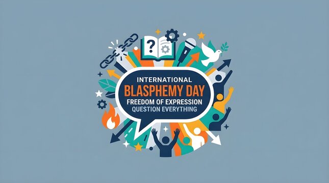 international blasphemy day, free speech, freedom of expression, speech bubble, dialogue, discussion, question mark, microphone, peace dove, broken chain, book, crowds, people, activism, protest, camp