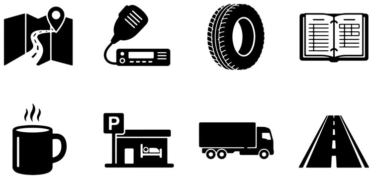 Trucker icons set with map, radio, tire, logbook, coffee cup, motel, truck and road for transport and travel