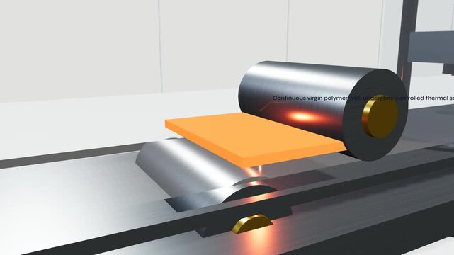 3D animation of automated pharmaceutical blister packaging process showing thermoforming of polymer web, capsule deposition, and hermetic foil sealing of medical pills on a production line