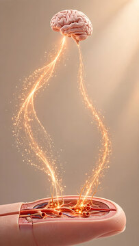 Conceptual 3D Visualization of Neural Signals Traveling from Fingertip to Brain