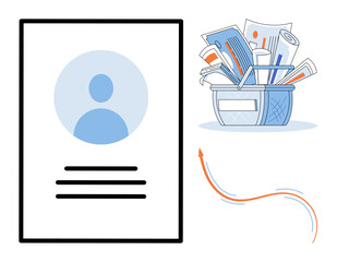 User profile document and basket with paperwork vector illustration. Data management, information organization, business workflow, digital filing, record keeping, office productivity. Personal © Dmytro
