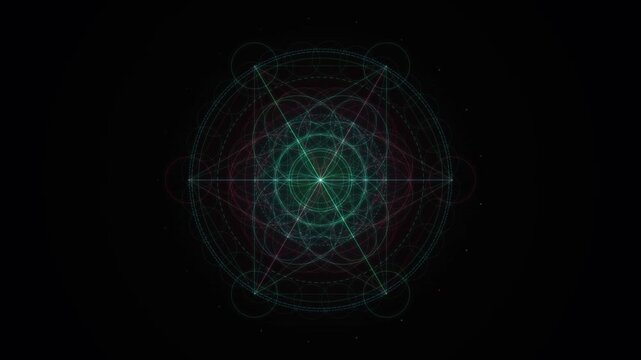 Intricate geometric lines form a glowing mandala pattern against a dark background