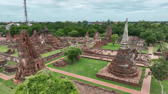 Aerial view of the historic ruins of Wat Mahathat at the Ayutthaya historical park, Thailand