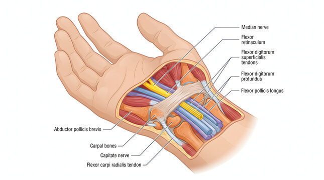 A comprehensive anatomical illustration of the human wrist, detailing the carpal tunnel region. It highlights the median nerve, various flexor tendons, flexor retinaculum, carpal bones, and surroun...
