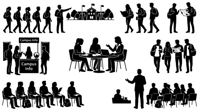 University campus life silhouettes set with students walking, attending info booth, studying and listening to lecturer for education or infographic