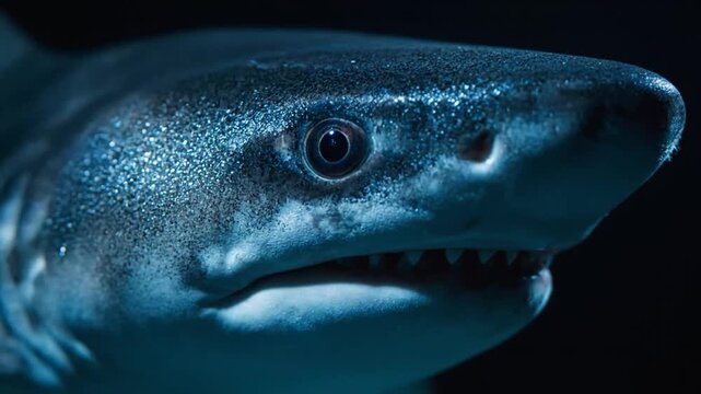Close-up portrait of shark head with sharp teeth in dark water.