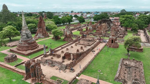 Aerial view of the historic ruins of Wat Mahathat at the Ayutthaya historical park, Thailand
