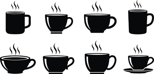 Obraz premium Black coffee cup icon set with steam rising from hot beverages