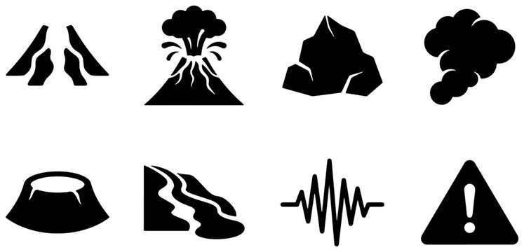 Volcano silhouettes set with eruption, lava flow, smoke cloud and seismic wave for disaster warning