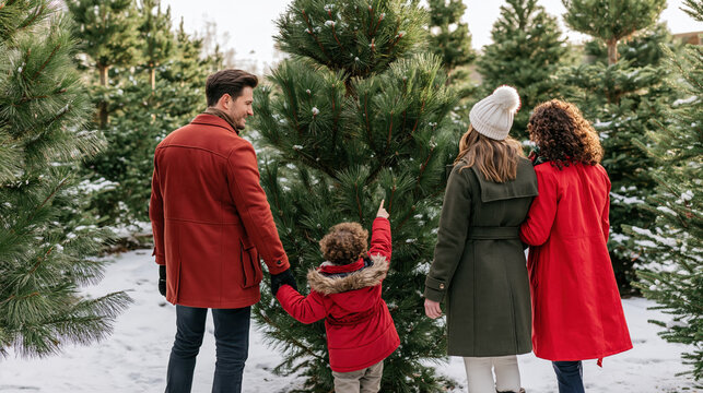 Family of four choosing pine tree at snowy Christmas tree farm with festive coats and joyful holiday spirit