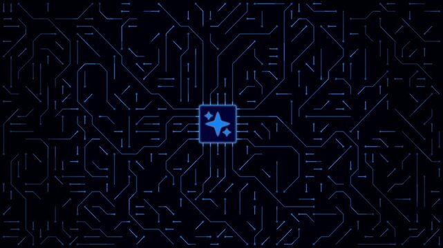 AI Circuit Board Animation Glowing Blue PCB Processor Chip on Blue Dark Background 4k Animation 
